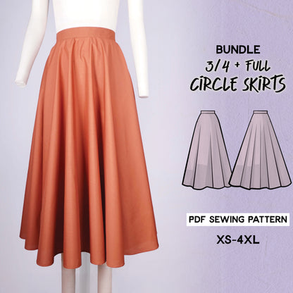 Promotional image for a digital download PDF sewing pattern for 3/4 and full circle skirts, showing a maxi length skirt in a solid color, with illustrations of both skirt styles included.