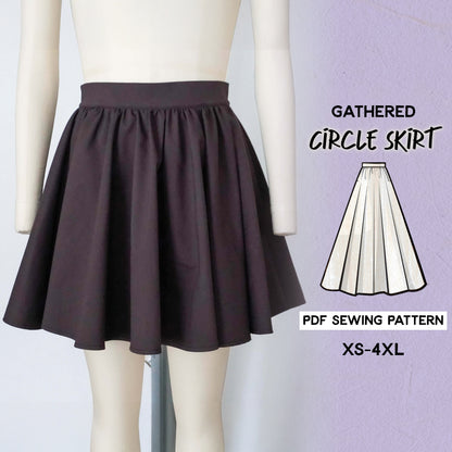 gathered full circle skirt with varying lengths displayed on a mannequin. The image also shows a stylized representation of the skirt's PDF sewing pattern.