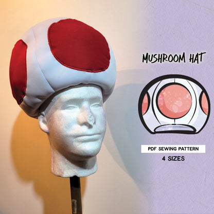 A mushroom-shaped hat sewing pattern displayed on a mannequin head, with an inset showing the pattern pieces and text indicating 'PDF Sewing Pattern 4 SIZES'.
