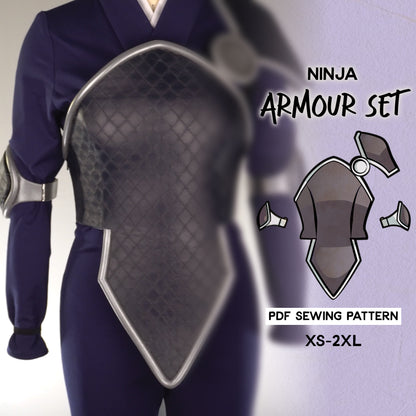 Promotional image for a Ninja Armour Set PDF sewing pattern, displaying the armor pieces and indicating the size range from XS to 2XL.