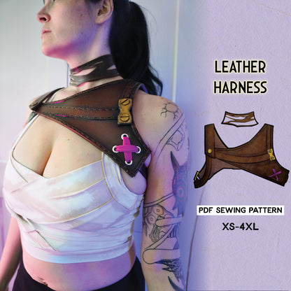 A person wearing a white top and black shorts, showcasing a brown leather harness with a geometric design inspired by Jinx's outfit from the Arcane series. The image also includes a close-up view of the leather harness PDF sewing pattern with size labels from XS to 4XL.