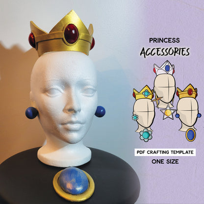 A mannequin head wearing a golden crown with a blue gem, accompanied by a diagram showing different styles of princess-inspired accessories from the Mario series, such as crowns and a badge, with a 'PDF crafting template one size' note.
