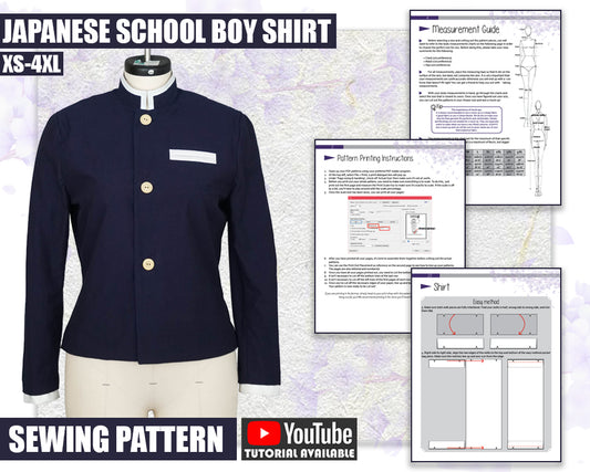 Japanese School Boy Shirt Sewing Pattern/Downloadable PDF File and Tutorial Book