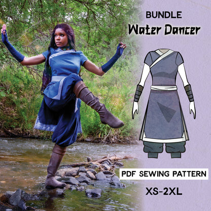 A promotional image featuring a person in a Water Dancer costume inspired by the character Katara from Avatar, with a PDF sewing pattern for the costume displayed alongside.