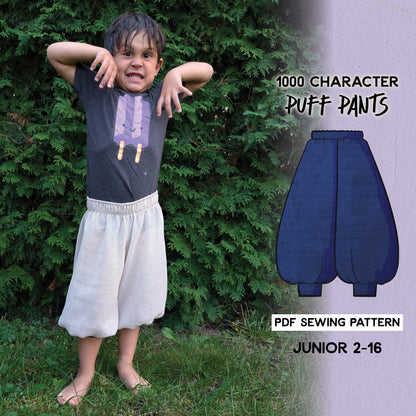 A promotional image featuring a child modeling 'Puffy Pants' which are versatile kids' costume pants suitable for various character costumes. The image includes a downloadable PDF file and tutorial guide for creating the pants.