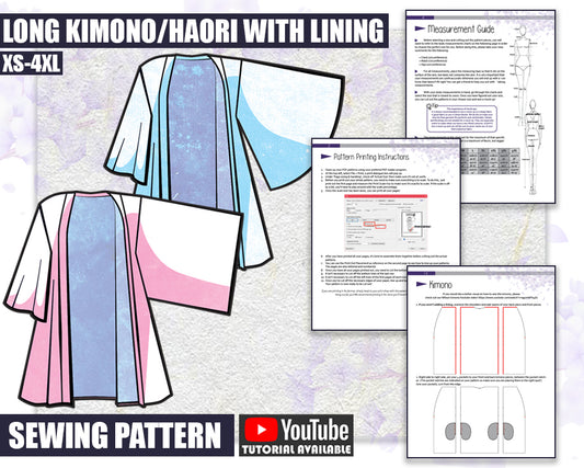Long Kimono/Haori Lined Sewing Pattern/Downloadable PDF File and Tutorial Book