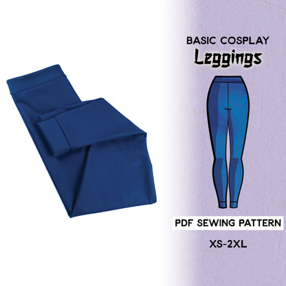 leggings, indicating sizes XS-2XL, displayed next to a graphic representation of the finished leggings.