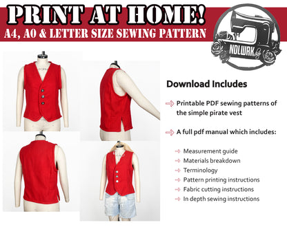 Pirate Vest Sewing Pattern/Downloadable PDF and Tutorial Book