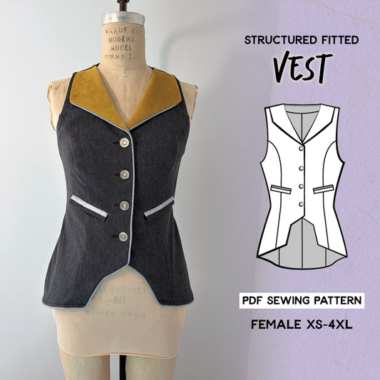 Product photo of a structured fitted vest sewing pattern. The sample vest is sewn in dark grey fabric with gold lapels and white piping trim, shown on a dress form. Four decorative buttons run down the center front. The hemline dips to a point at center back. Beside it, a line drawing shows front and back views. Text reads: "Structured Fitted Vest — PDF Sewing Pattern — Female XS–4XL