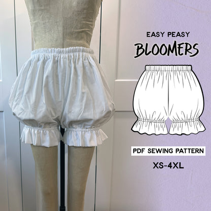 A mannequin displays white ruffled bloomers next to a line drawing and text reading "Easy Peasy Bloomers, PDF Sewing Pattern, XS-4XL.
