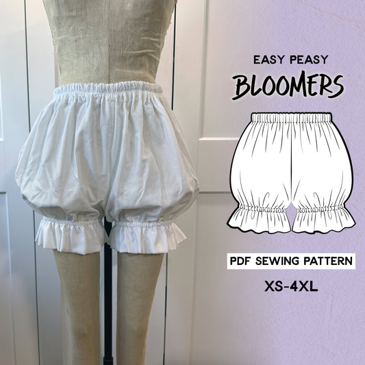 A mannequin displays white ruffled bloomers next to a line drawing and text reading "Easy Peasy Bloomers, PDF Sewing Pattern, XS-4XL.