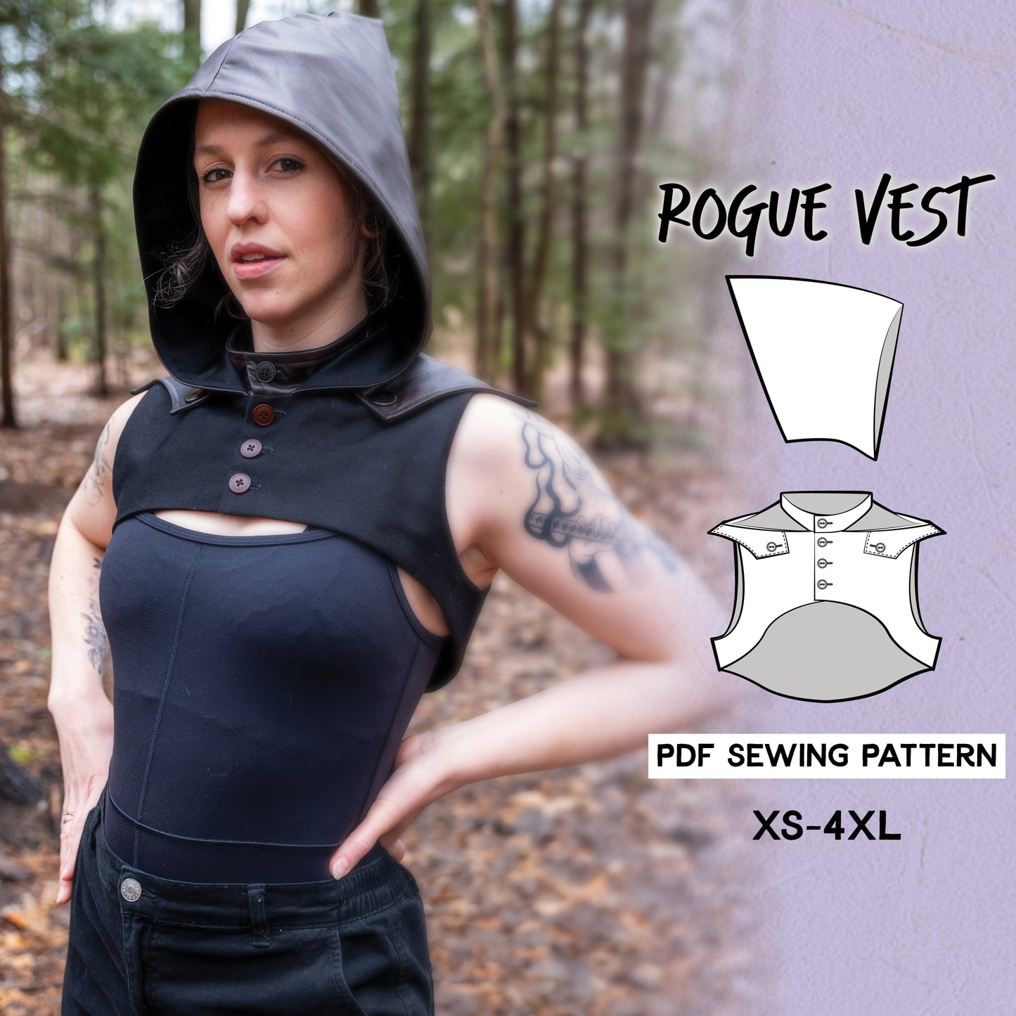 Hooded Half Vest Sewing Pattern – Medieval Hood Pattern, Cosplay Costume, Sizes XS–4XL / Downloadable PDF File and Tutorial Book