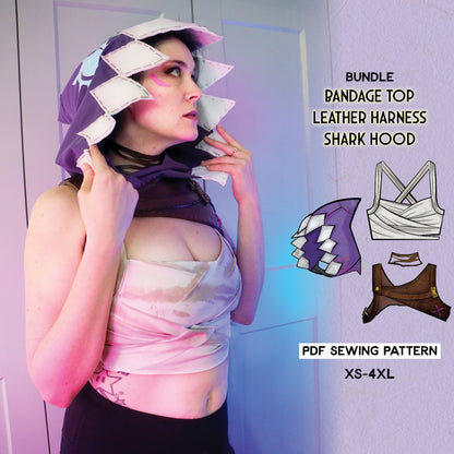 a Jinx-inspired costume which includes a bandage top, shark hood, and leather harness.
