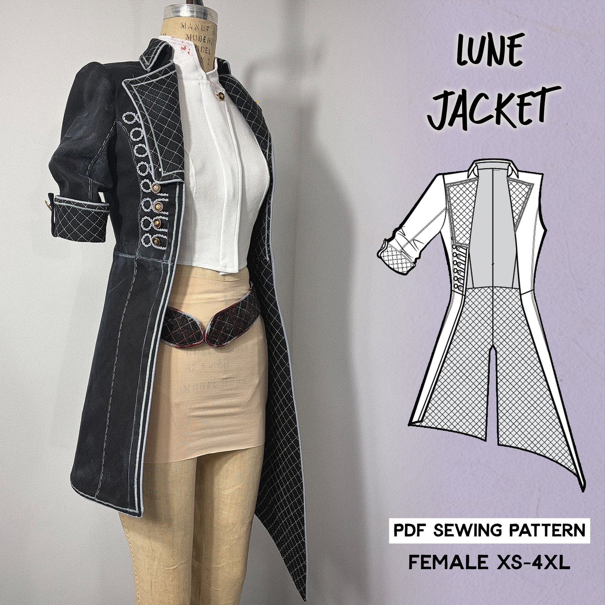 Sewing pattern cover for Lune's asymmetrical open-front jacket from Clair Obscur: Expedition 33, showing front technical views. Features princess seams, a waist seam, a sweeping diagonal hem, elbow-length quilted cuff sleeve on the right, sleeveless left side, corded button loops, stand-and-fall collar, and gold decorative back panel designs.