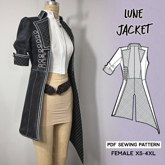 Sewing pattern cover for Lune's asymmetrical open-front jacket from Clair Obscur: Expedition 33, showing front technical views. Features princess seams, a waist seam, a sweeping diagonal hem, elbow-length quilted cuff sleeve on the right, sleeveless left side, corded button loops, stand-and-fall collar, and gold decorative back panel designs.