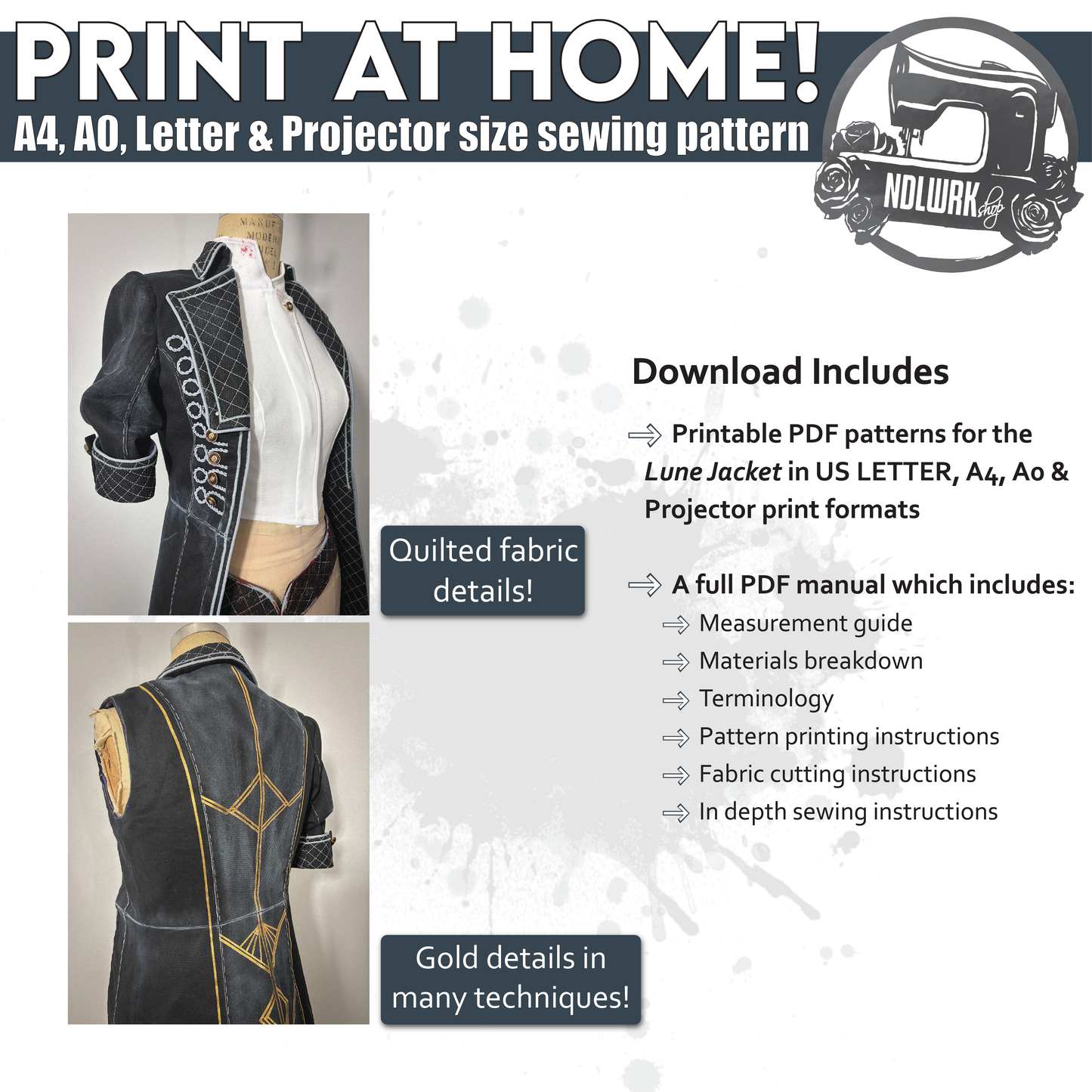Product graphic for the Lune jacket sewing pattern from Clair Obscur: Expedition 33, showing front and back photos of the jacket bodice. Text on the graphic lists what's included: printable PDF pattern files in US Letter, A4, A0, and projector formats, plus a full PDF manual covering measurement guide, materials breakdown, terminology, printing instructions, in-depth sewing instructions, gold detail techniques, and quilted fabric instructions.