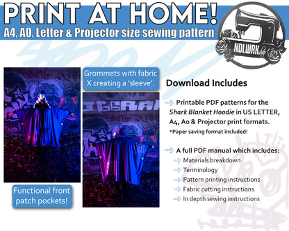 Advertisement for a PDF sewing pattern for a shark blanket hoodie, featuring cosplayers in a graffiti-filled area, combined with pattern information.