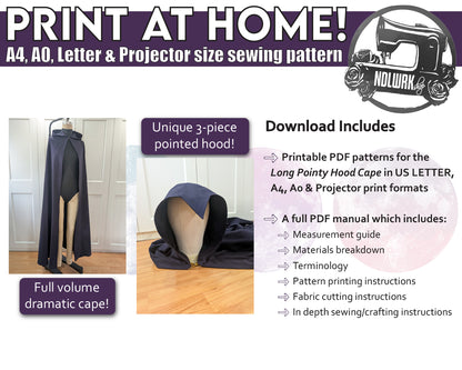 Sewing pattern advertisement for a cape with text and images of the product.