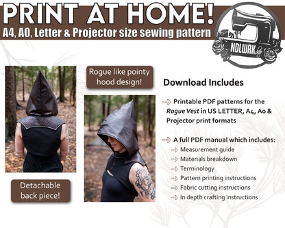 Hooded Half Vest Sewing Pattern – Medieval Hood Pattern, Cosplay Costume, Sizes XS–4XL / Downloadable PDF File and Tutorial Book
