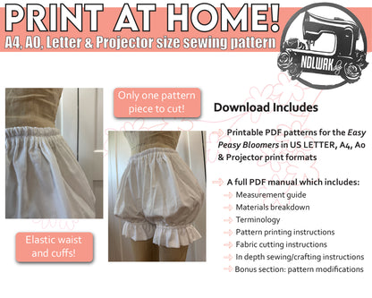 Image showing a printable sewing pattern for "Easy Peasy Bloomers," featuring elastic waist and cuffs, available in various sizes and formats, with download details listed.