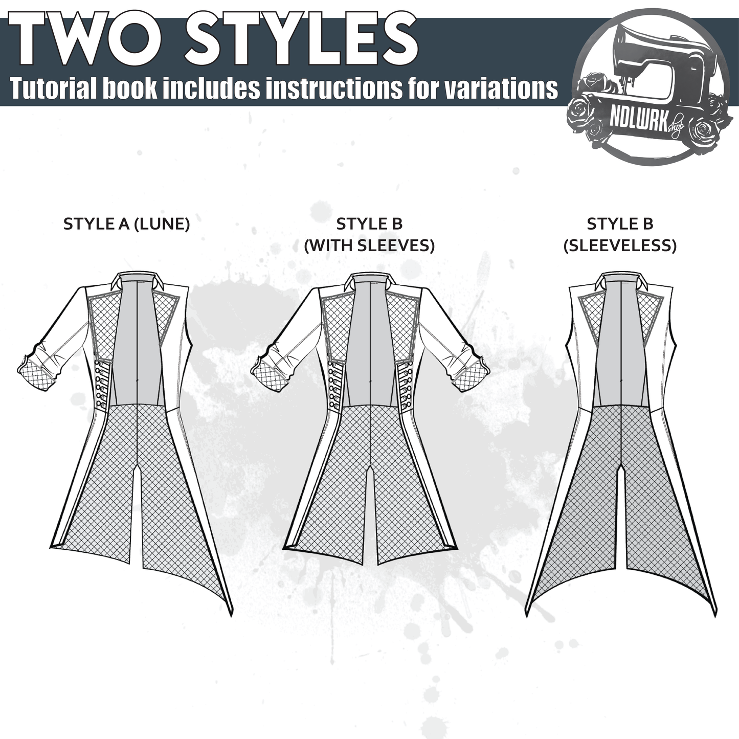 NDLWRKshop product graphic titled "Two Styles" showing three technical fashion illustrations of the Lune jacket pattern. Left: Style A (Lune), the asymmetrical original with one elbow-length sleeve, one sleeveless side, and a diagonal hem. Center: Style B with sleeves, a symmetrical long open-front jacket with full-length sleeves and corded button loops. Right: Style B sleeveless, the same symmetrical jacket without sleeves. Text reads: tutorial book includes instructions for variations.