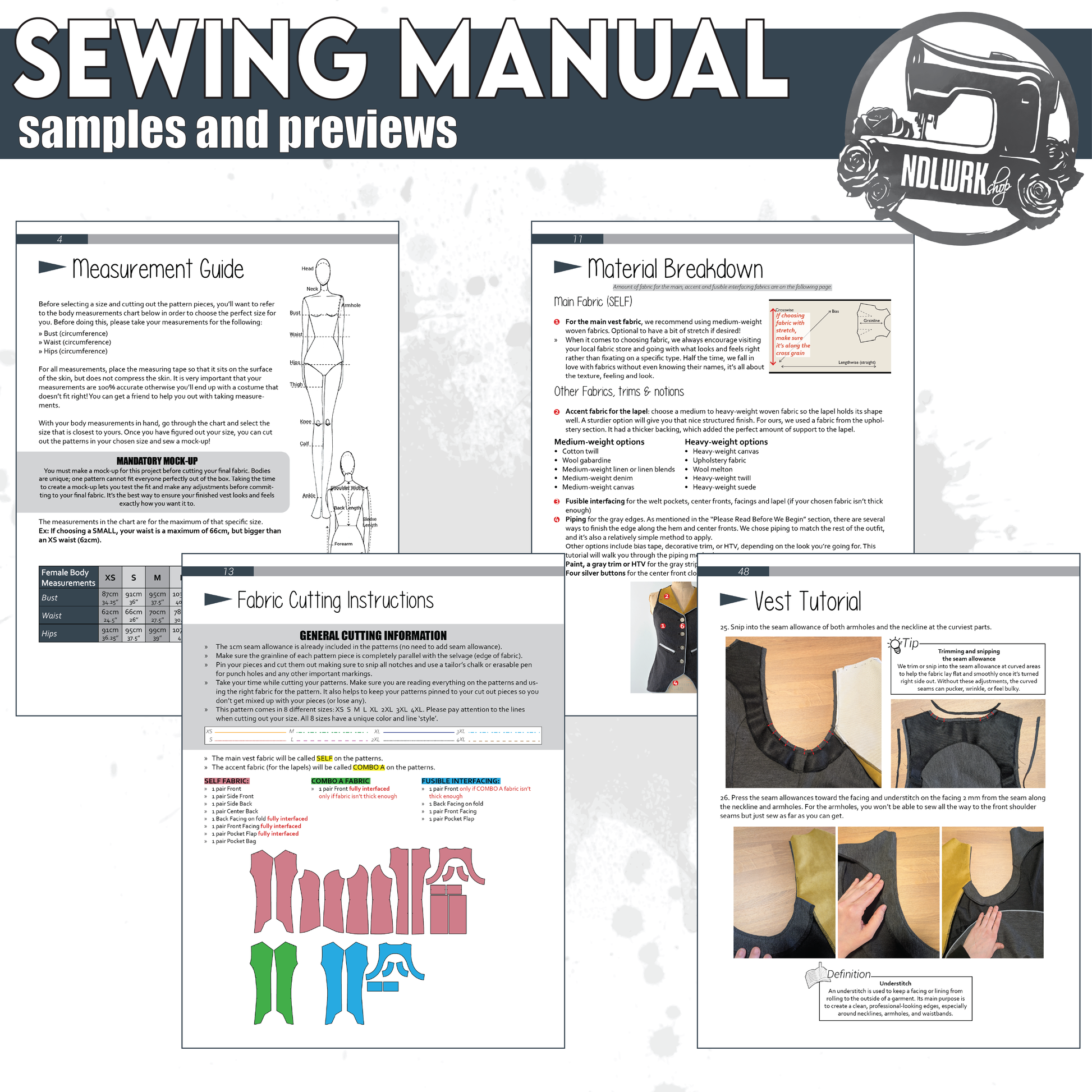 Preview of the vest sewing manual showing four sample pages: measurement guide, material breakdown, fabric cutting instructions with color-coded layout, and a photo-based vest tutorial. Header reads "Sewing Manual — Samples and Previews.