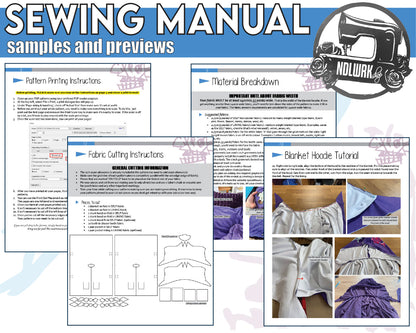 Image promoting a PDF sewing pattern for a shark blanket hoodie featuring sample pages from the manual including pattern printing instructions, a material breakdown, fabric cutting instructions, and a hood tutorial.