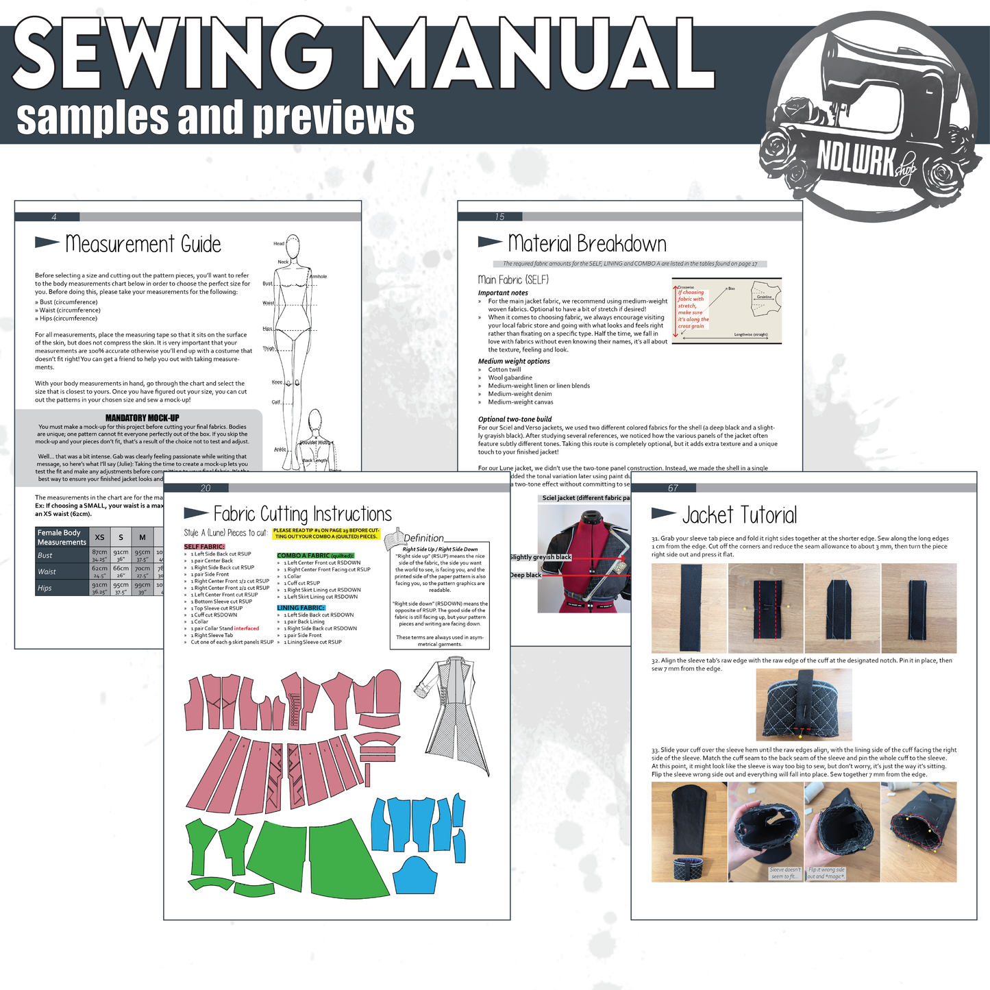 NDLWRKshop product graphic titled "Sewing Manual — Samples and Previews" showing a collage of interior pages from the Lune jacket PDF manual. Visible sections include a measurement guide with a body diagram, a material breakdown with fabric recommendations, fabric cutting instructions with a full pattern piece layout in color-coded self and lining fabrics, and a jacket tutorial with step-by-step photos and instructions for attaching the quilted cuff and sleeve tab.