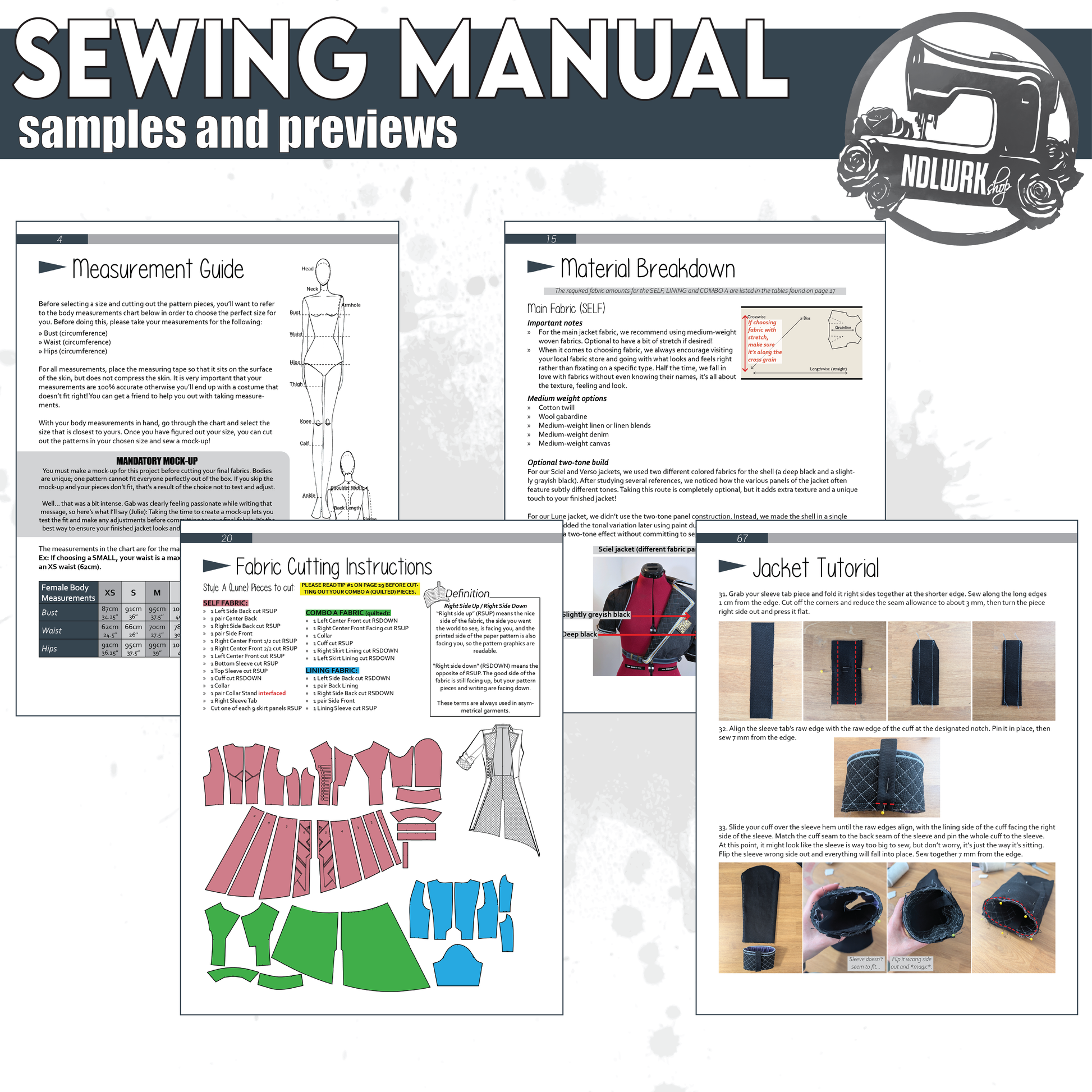 NDLWRKshop product graphic titled "Sewing Manual — Samples and Previews" showing a collage of interior pages from the Lune jacket PDF manual. Visible sections include a measurement guide with a body diagram, a material breakdown with fabric recommendations, fabric cutting instructions with a full pattern piece layout in color-coded self and lining fabrics, and a jacket tutorial with step-by-step photos and instructions for attaching the quilted cuff and sleeve tab.