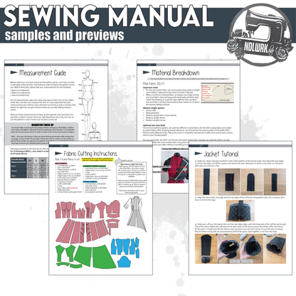 NDLWRKshop product graphic titled "Sewing Manual — Samples and Previews" showing a collage of interior pages from the Lune jacket PDF manual. Visible sections include a measurement guide with a body diagram, a material breakdown with fabric recommendations, fabric cutting instructions with a full pattern piece layout in color-coded self and lining fabrics, and a jacket tutorial with step-by-step photos and instructions for attaching the quilted cuff and sleeve tab.