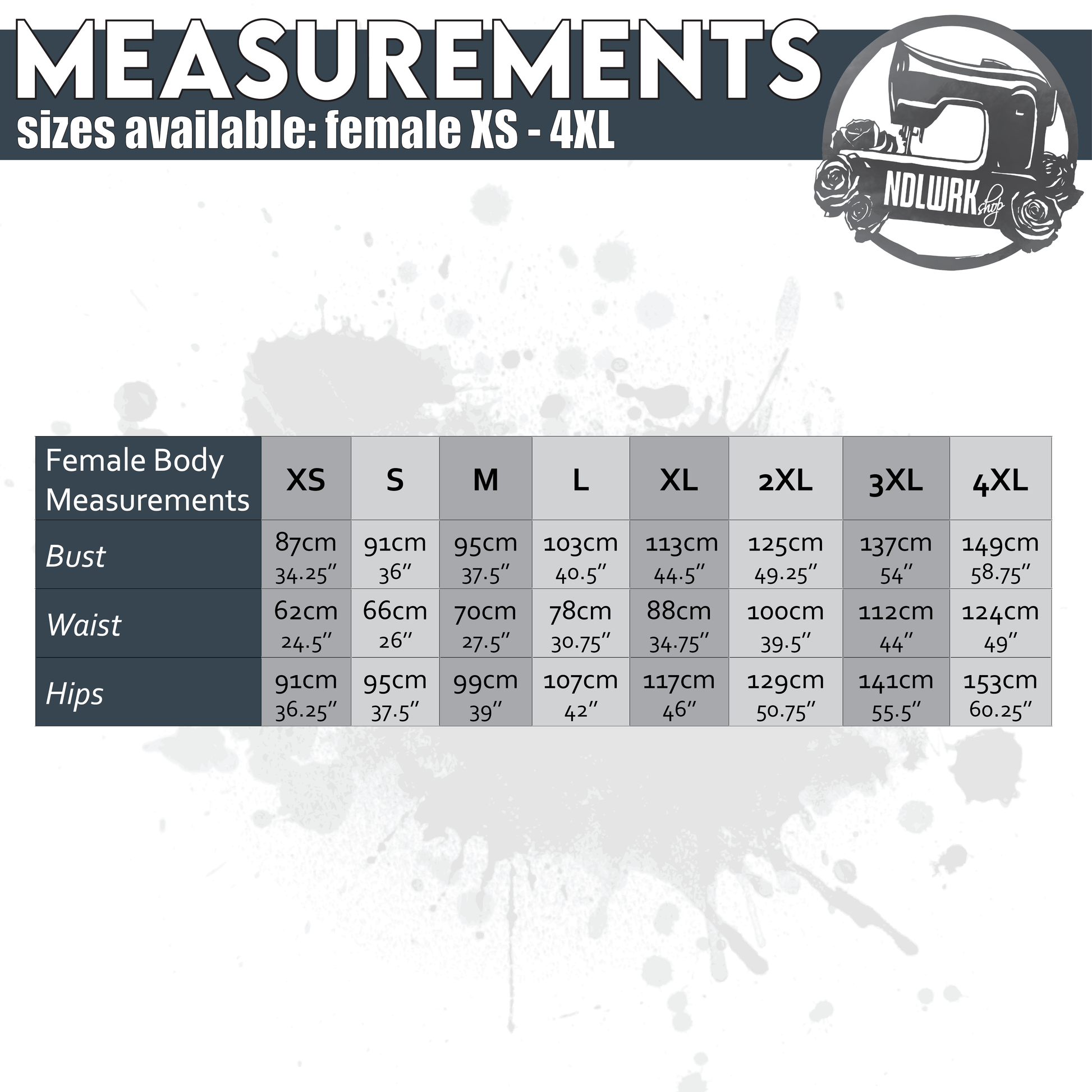 NDLWRKshop size chart for the Lune jacket pattern, showing female body measurements in centimeters and inches for sizes XS through 4XL. Bust ranges from 87cm (34.25") at XS to 149cm (58.75") at 4XL. Waist ranges from 62cm (24.5") at XS to 124cm (49") at 4XL. Hips range from 91cm (36.25") at XS to 153cm (60.25") at 4XL.