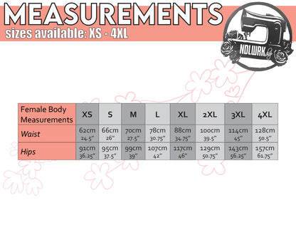 an image with a table for female body measurements from sizes XS to 4XL