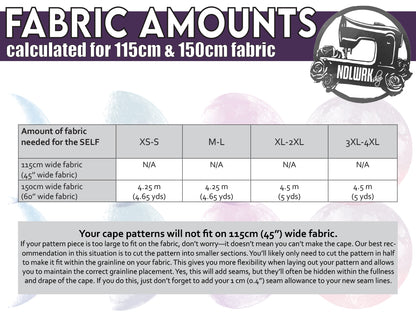 Fabric amounts chart for different cape sizes with Nolwark branding.