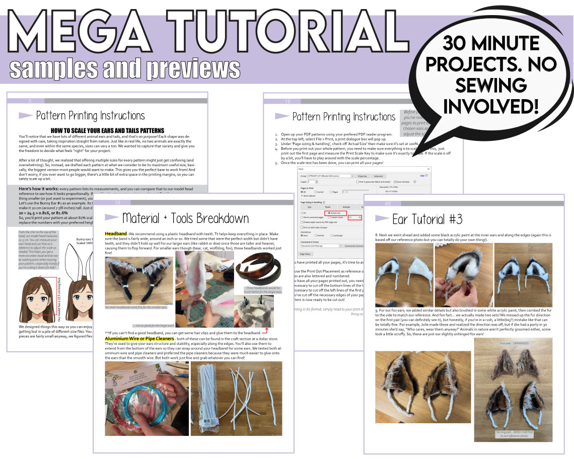Easy No-Sew Animal Ears and Tails Pattern / Downloadable PDF File and Tutorial Book