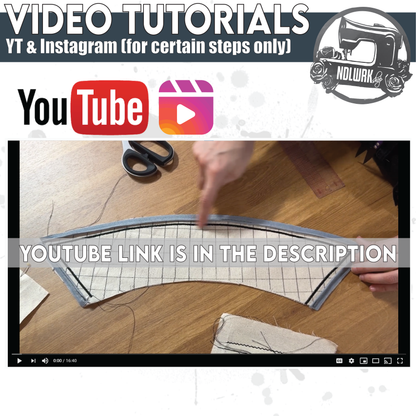 NDLWRKshop product graphic titled "Video Tutorials — YT & Instagram (for certain steps only)" with YouTube and Instagram Reels logos. Below is a video thumbnail showing hands demonstrating a curved quilted cuff piece being handled on a cutting table, with scissors and a ruler visible. Text overlay reads: YouTube link is in the description.