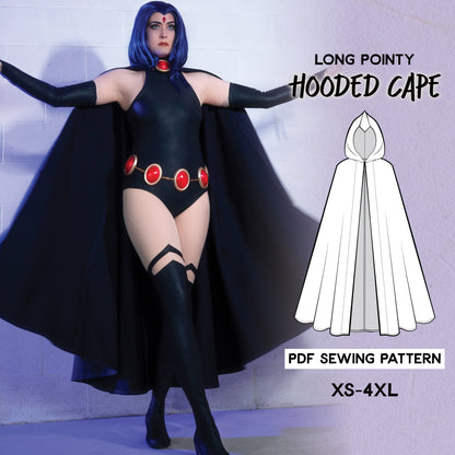 Person wearing a black hooded cape with a PDF sewing pattern illustration on a light purple background