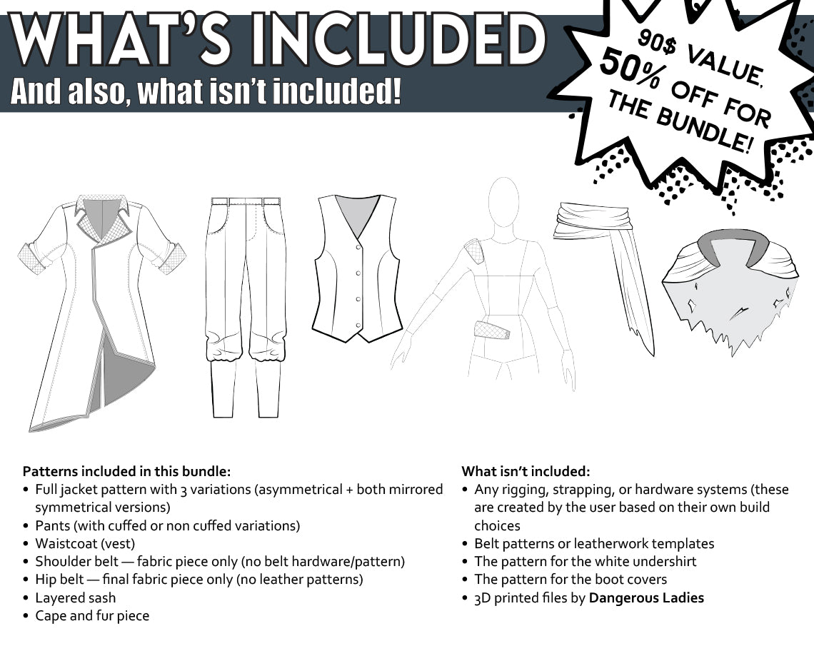 Verso Cosplay Sewing Pattern Bundle – Jacket, Vest, Pants, Cape, Sash & Belts + Six Tutorial books