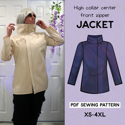 High-collar jacket with front zipper, worn by a person, with a sewing pattern illustration on the right.