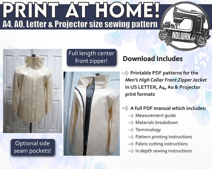 Printable sewing pattern for a men's and women's high-collar front zipper jacket, with images of the finished garment and sewing details.