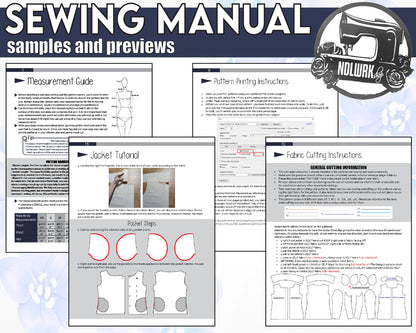 Preview of a sewing manual featuring measurement guides, pattern printing instructions, jacket tutorial, and fabric cutting guidelines.