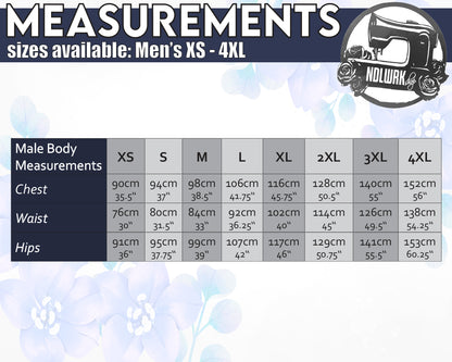 Men's measurement chart for XS to 4XL, displaying chest, waist, and hip sizes in centimeters and inches.