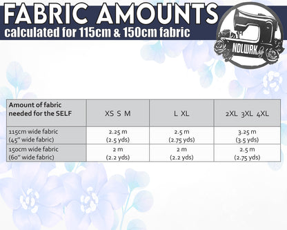 Fabric requirement chart for sewing, showing fabric amounts needed for different sizes (XS-4XL) based on 115cm and 150cm wide fabric.