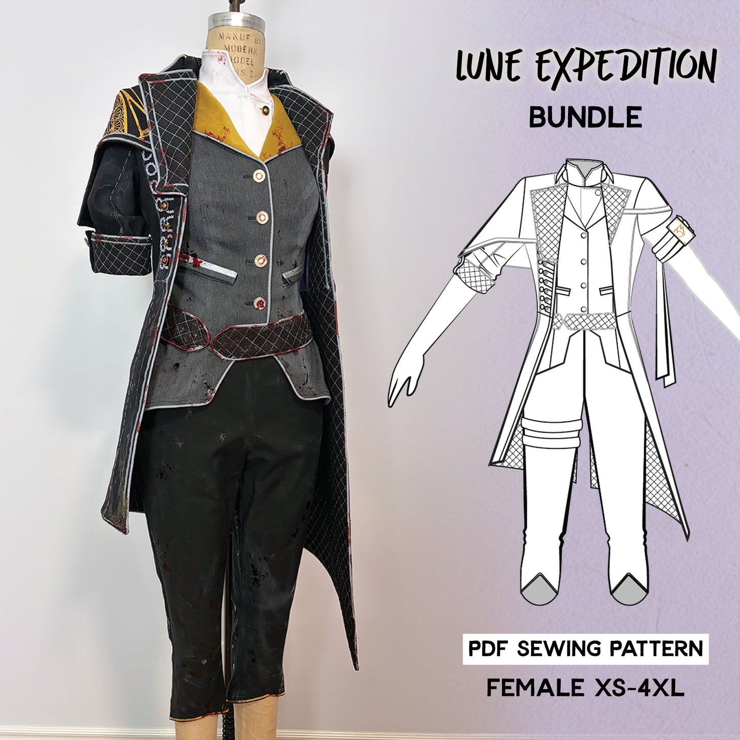 Lune Expedition Bundle PDF sewing pattern. Left: a tailored cosplay costume on a dress form featuring a quilted black coat, gold and grey vest, red-trimmed belt, and cropped black pants. Right: flat technical line drawing of the full outfit. Sized Female XS–4XL.