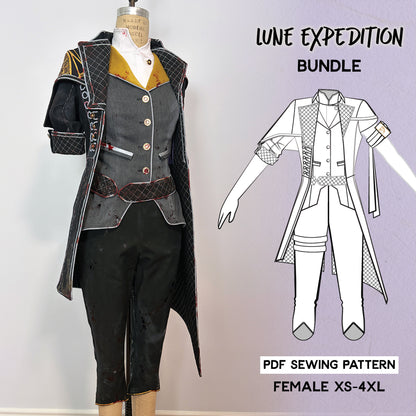 Lune Expedition Bundle PDF sewing pattern. Left: a tailored cosplay costume on a dress form featuring a quilted black coat, gold and grey vest, red-trimmed belt, and cropped black pants. Right: flat technical line drawing of the full outfit. Sized Female XS–4XL.