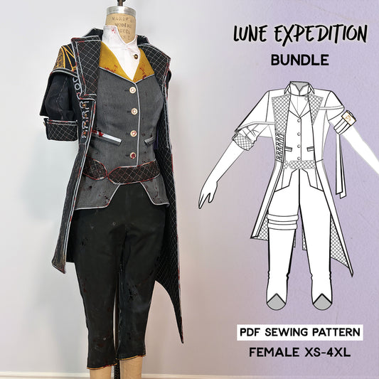 Lune Expedition Bundle PDF sewing pattern. Left: a tailored cosplay costume on a dress form featuring a quilted black coat, gold and grey vest, red-trimmed belt, and cropped black pants. Right: flat technical line drawing of the full outfit. Sized Female XS–4XL.
