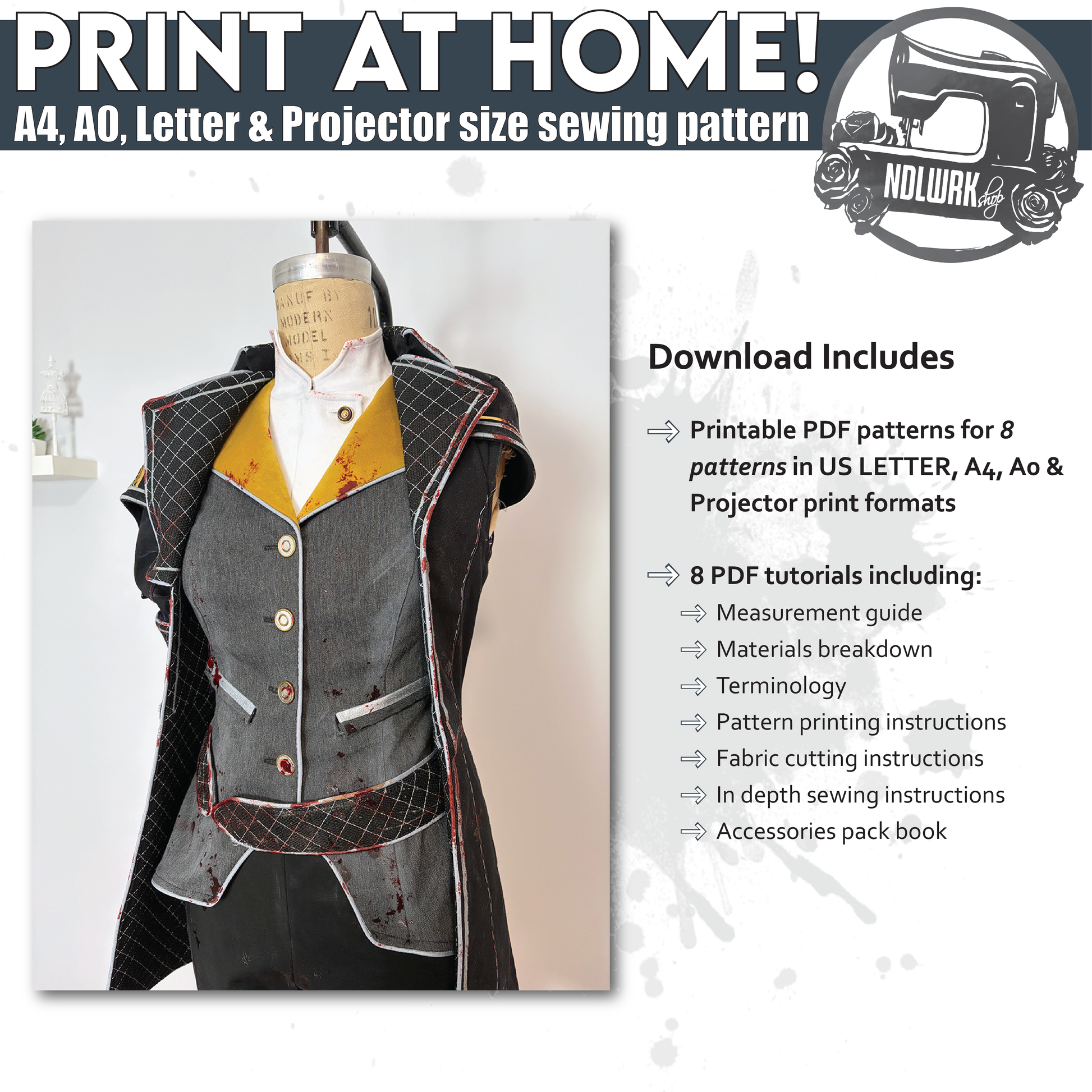 "Print at Home" PDF sewing pattern listing image. Left: cosplay costume on a dress form showing a quilted black coat with red trim, gold lapels, and a grey button-up vest. Right: download details listing 8 patterns in US Letter, A4, A0, and Projector formats, plus 8 PDF tutorials covering measurements, materials, terminology, printing, cutting, sewing, and an accessories pack.