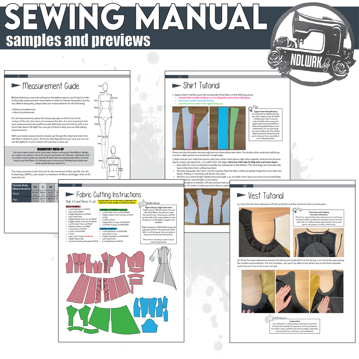 NDLWRKshop sewing manual preview image titled "Sewing Manual – Samples and Previews." Shows four tutorial pages: a measurement guide with a figure diagram and size chart, a fabric cutting instructions page with color-coded pattern pieces, a shirt tutorial with step-by-step photos, and a vest tutorial with close-up construction photos and a definition box.