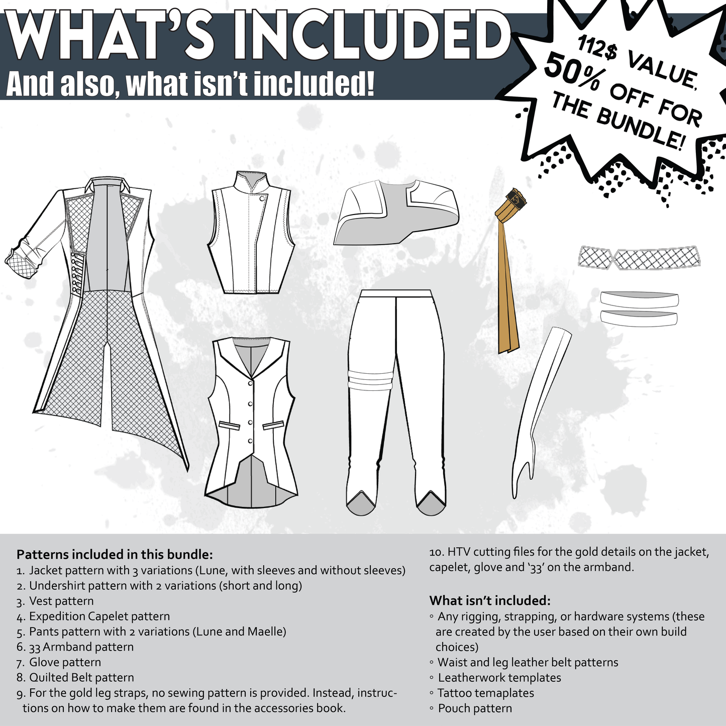 "What's Included" infographic for the Lune Expedition Bundle, noting 50% off at $112 value. Shows flat line drawings of all pattern pieces. Lists 10 included patterns: jacket (3 variations), undershirt (2 variations), vest, expedition capelet, pants (2 variations), 33 armband, glove, quilted belt, gold leg strap instructions, and HTV cutting files. Clearly notes what is not included: rigging, strapping, hardware, leather belt patterns, leatherwork and tattoo templates, and pouch pattern.