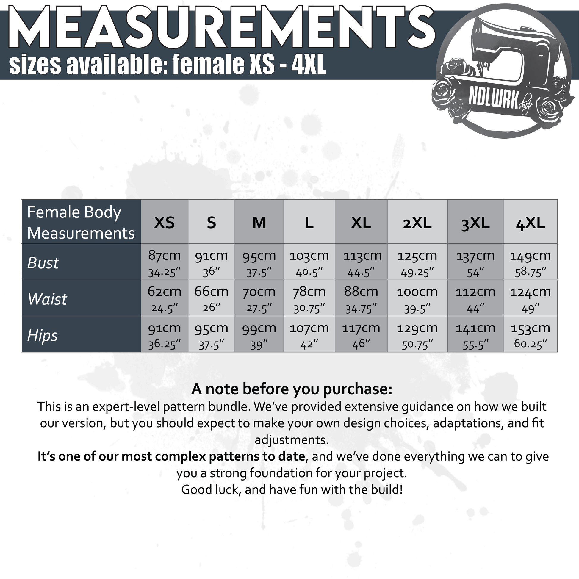 NDLWRKshop size chart for the Lune Expedition Bundle, female XS–4XL. Lists bust, waist, and hip measurements in cm and inches across all sizes. Includes a buyer note describing this as an expert-level pattern bundle with extensive guidance provided, while noting buyers should expect to make their own design choices and fit adjustments. Labeled as one of NDLWRKshop's most complex patterns.