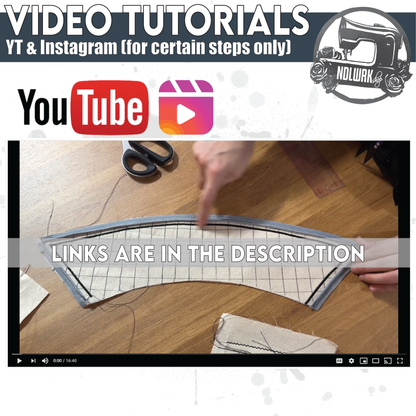 NDLWRKshop promotional image announcing video tutorials available on YouTube and Instagram for select steps. Features a video thumbnail showing hands working on a curved pattern piece on a cutting mat, with scissors nearby. Text overlay reads "Links are in the description."
